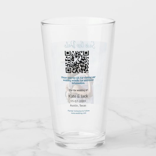 BLAUW WIT KLASSIEKE SCAN QR SAVE THE DATE GLAS (Achterkant)