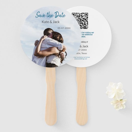 BLAUW WIT KLASSIEKE SCAN QR SAVE THE DATE HANDWAAIER (Voorkant en achterkant)