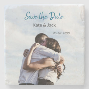 BLAUW WIT KLASSIEKE SCAN QR SAVE THE DATE STENEN ONDERZETTER