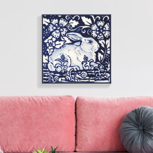 Blauw & Wit Konijn Bloemen Slakkenblad Chinois Art Canvas Afdruk (Insitu (Woonkamer))