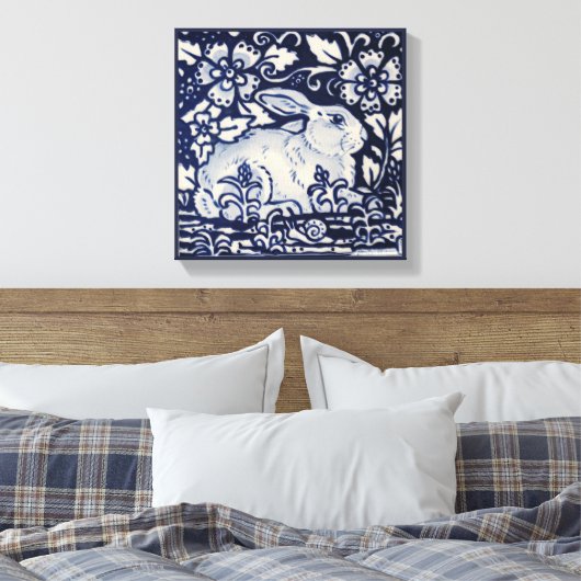 Blauw & Wit Konijn Bloemen Slakkenblad Chinois Art Canvas Afdruk (Insitu (Slaapkamer))