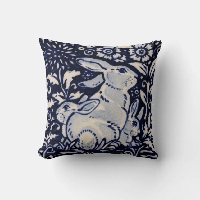 Blauw Wit Konijn Familie Haas Bunny Chinoiserie Kussen (Voorkant)
