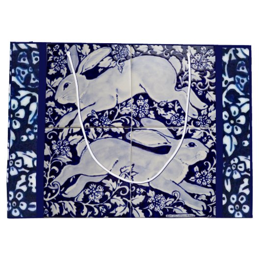 Blauw, wit konijn, Floral Tegel Design Dedham Delf Groot Cadeauzakje (Achterkant)