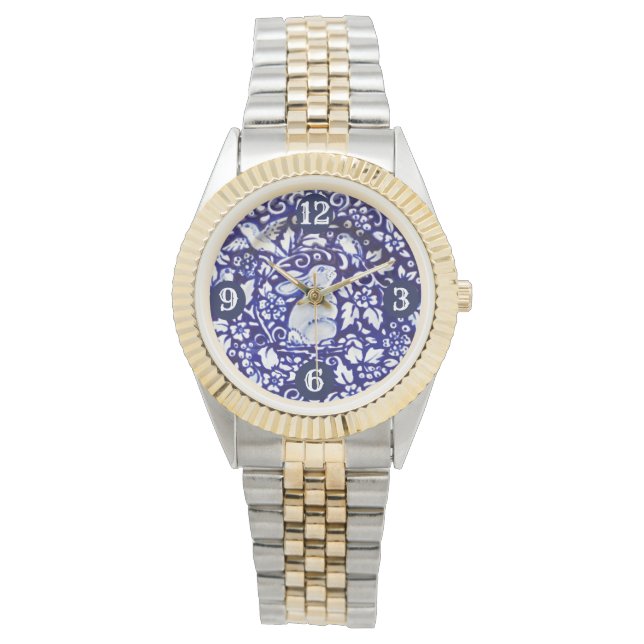Blauw & Wit Konijn Konijnenvogel Bloemen Prachtig Horloge (Voorkant)