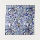 Blauw Wit Konijn Uniek Tegel Patroon Wandkleed (Voorkant)