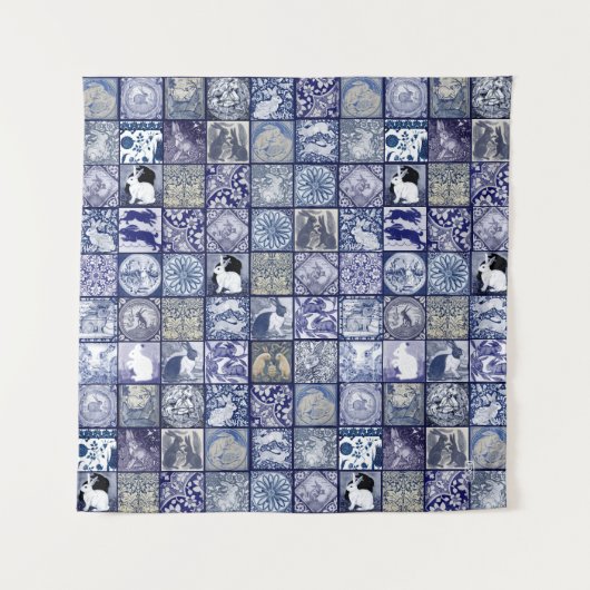 Blauw Wit Konijn Uniek Tegel Patroon Wandkleed (Voorkant)