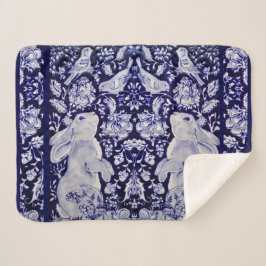 Blauw & Wit Konijn Vogel Bossen Marine Bloemen Kun Sherpa Deken