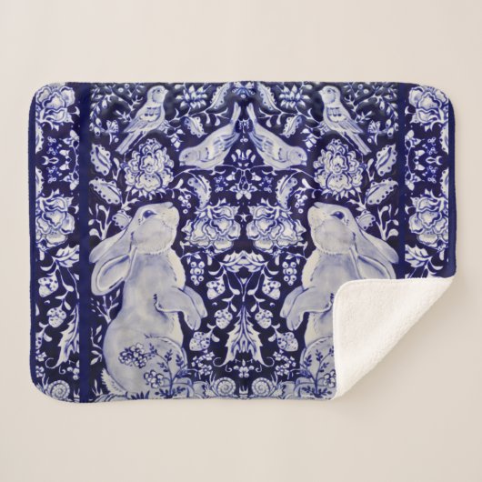 Blauw & Wit Konijn Vogel Bossen Marine Bloemen Kun Sherpa Deken (Voorkant (horizontaal))