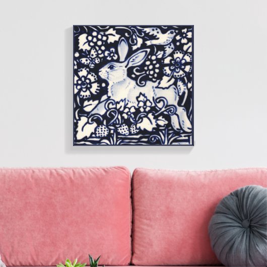Blauw & Wit Konijn Zomer Bloemenvogel Chinois Art Canvas Afdruk (Insitu (Woonkamer))