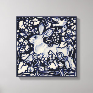 Blauw & Wit Konijn Zomer Bloemenvogel Chinois Art Canvas Afdruk