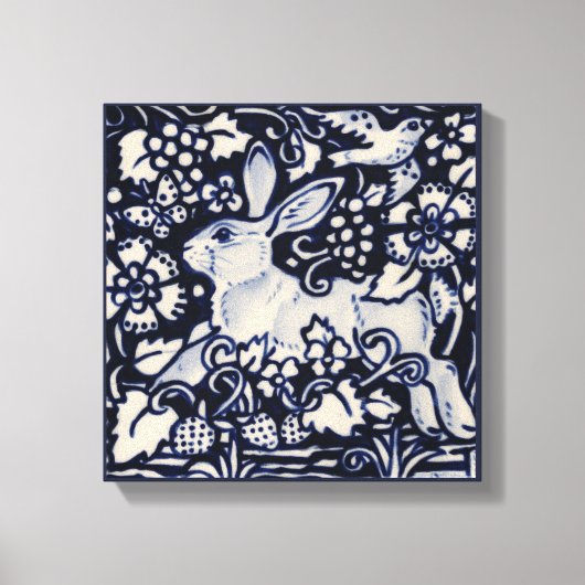 Blauw & Wit Konijn Zomer Bloemenvogel Chinois Art Canvas Afdruk (Voorkant)