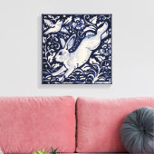 Blauw Wit Konijnenhaas Konijnenvogel Bloemenbos Canvas Afdruk (Insitu (Woonkamer))