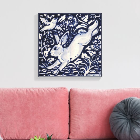 Blauw Wit Konijnenhaas Konijnenvogel Bloemenbos Canvas Afdruk (Insitu (Woonkamer))