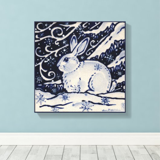 Blauw & Wit Konijnenkonijn Woodland Sneeuw Winter  Canvas Afdruk (Insitu (Houten vloer))