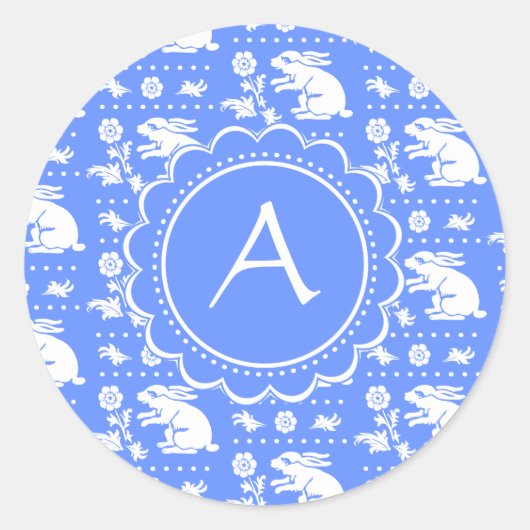 Blauw-wit konijnenkonijnenpatroon in  stijl ronde sticker (Voorkant)