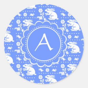 Blauw-wit konijnenkonijnenpatroon in  stijl ronde sticker