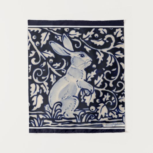 Blauw & Wit Konijnenkonijntje Elegante bladeren Wo Wandkleed (Voorkant)