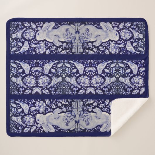 Blauw & Wit Konijnenvogel Bloemen Chinoiserie Natu Sherpa Deken (Voorkant (horizontaal))