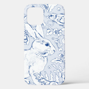 Blauw & Wit Konijnenvogel Bloemenblad Schets Case-Mate iPhone Case