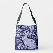 Blauw & Wit Konijnenvogels Floral Designer Canvas  Crossbody Tas (Achterkant)
