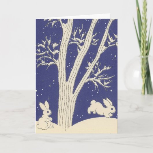 Blauw  wit konijntjes springen in de sneeuw feestdagen kaart (Voorkant)