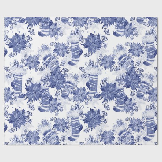 Blauw Wit Kousen Mittens Kerstvakantie Cadeaupapier (Vlak)