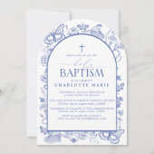 Blauw & Wit Kruis Heilig Doopsel Bloemenvlinders Kaart (Voorkant)