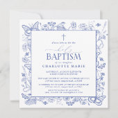 Blauw & Wit Kruis Heilig Doopsel Bloemenvlinders Kaart (Voorkant)