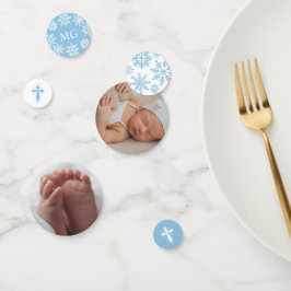 Blauw Wit Kruis Sneeuwvlokken Foto Winter Doop Confetti