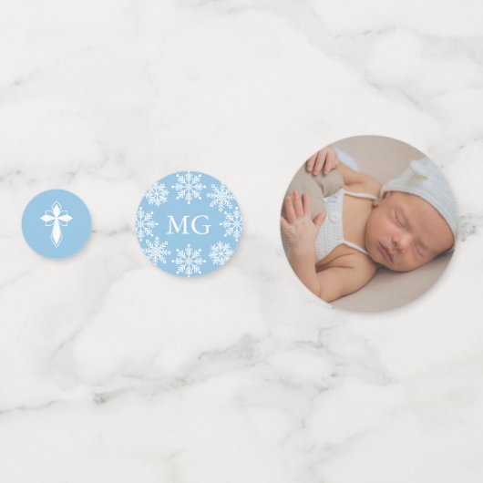 Blauw Wit Kruis Sneeuwvlokken Foto Winter Doop Confetti (Voorkanten)