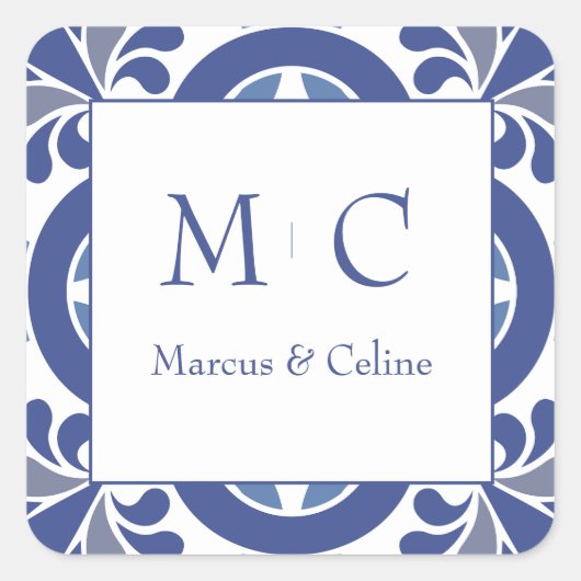 Blauw & Wit Kust Mediterraan Huwelijk Vierkante Sticker (Voorkant)