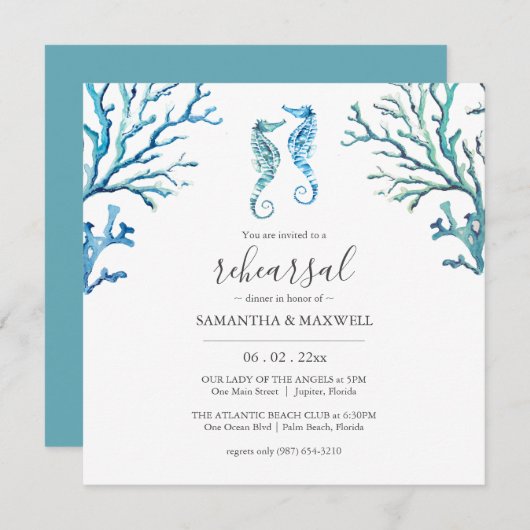 Blauw-wit Kust Repetitie Diner Uitnodiging (Voorkant / Achterkant)