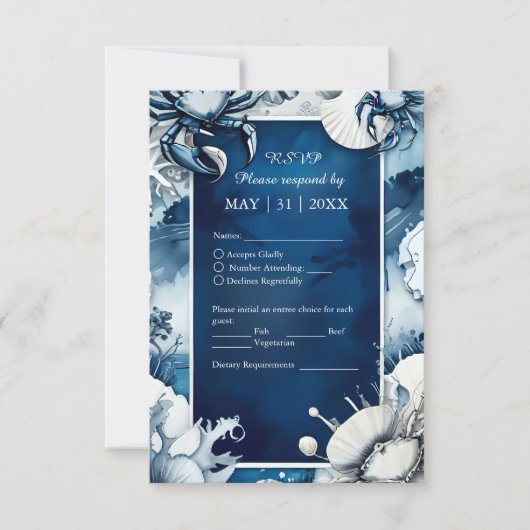 blauw & wit kust vibe bruiloft RSVP kaartje (Voorkant)