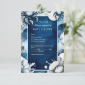 blauw & wit kust vibe bruiloft RSVP kaartje (Staand voorkant)
