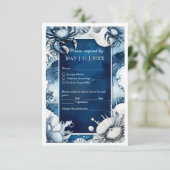 blauw & wit kust vibe bruiloft RSVP kaartje (Staand voorkant)