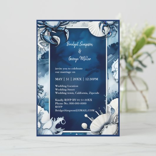 blauw & wit kust vibe bruiloft uitnodiging (Staand voorkant)