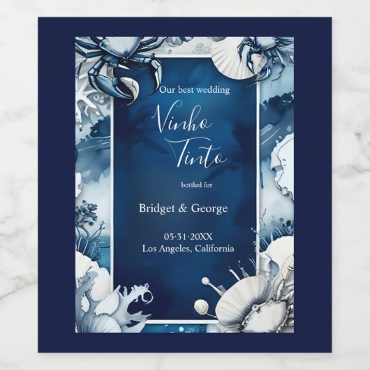 blauw & wit kust vibe bruiloft wijn label wijn etiket (Enkel label)