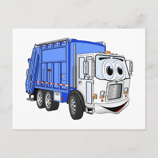 Blauw Wit Lachend Vuilniswagen Cartoon Briefkaart (Voorkant)