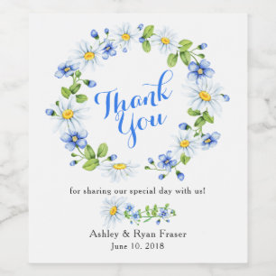 Blauw Wit Land Daisy Bloemen Bruiloft Dank u Wijn Etiket