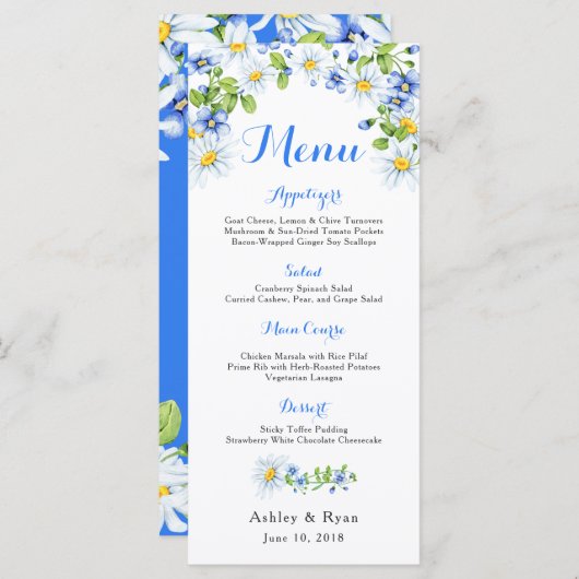 Blauw Wit Land Daisy Bloemen Bruiloft Menu (Voorkant / Achterkant)