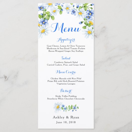 Blauw Wit Land Daisy Bloemen Bruiloft Menu (Voorkant)