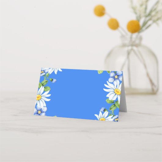 Blauw Wit Land Daisy Bloemen Bruiloft Plaatskaartje (Achterkant)