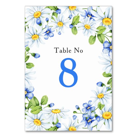 Blauw Wit Land Daisy Bloemen Bruiloft Tafel Kaart (Voorkant)