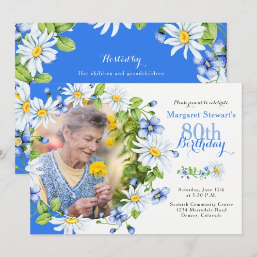 Blauw Wit Land Daisy Foto 80ste Verjaardag Kaart (Voorkant / Achterkant)
