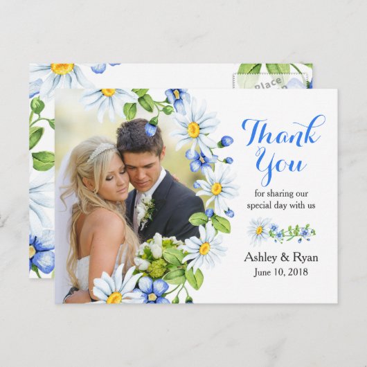 Blauw Wit Land Daisy Foto Bruiloft Dank u Briefkaart (Voorkant / Achterkant)