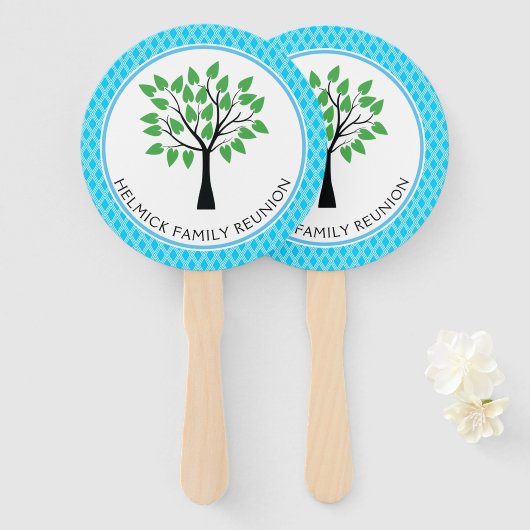 Blauw & Wit Lattice Familie Reunion Hand Fan Handwaaier (Voorkant en achterkant)