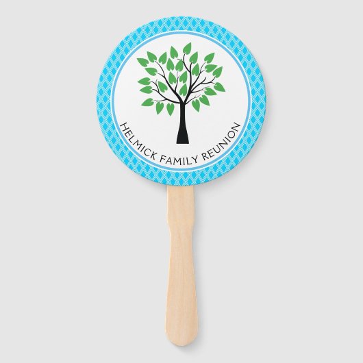 Blauw & Wit Lattice Familie Reunion Hand Fan Handwaaier (Voorkant)