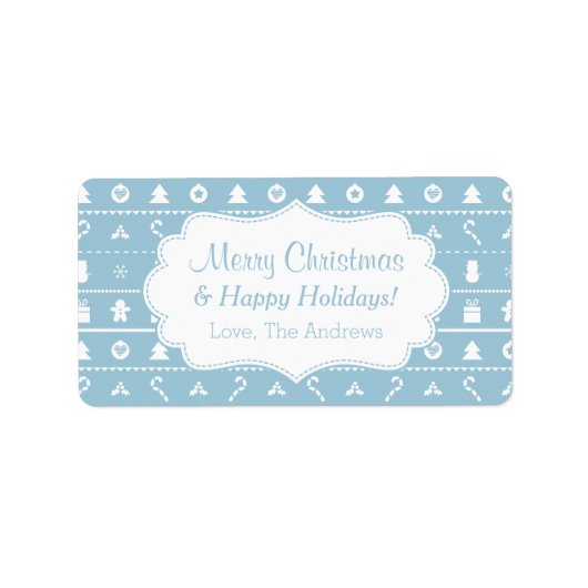 Blauw Wit Lelijk Kerst Sweater Iconen Patroon Etiket (Voorkant)