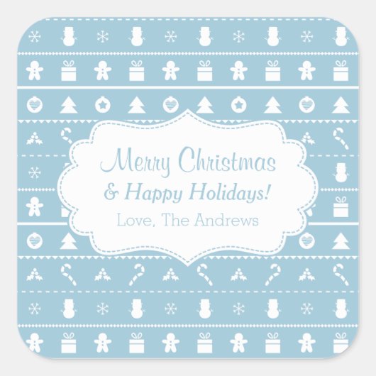 Blauw Wit Lelijk Kerst Sweater Iconen Patroon Vierkante Sticker (Voorkant)