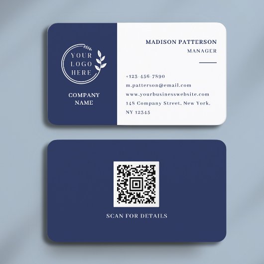 Blauw Wit Logo QR Code Minimalistisch Modern Visitekaartje